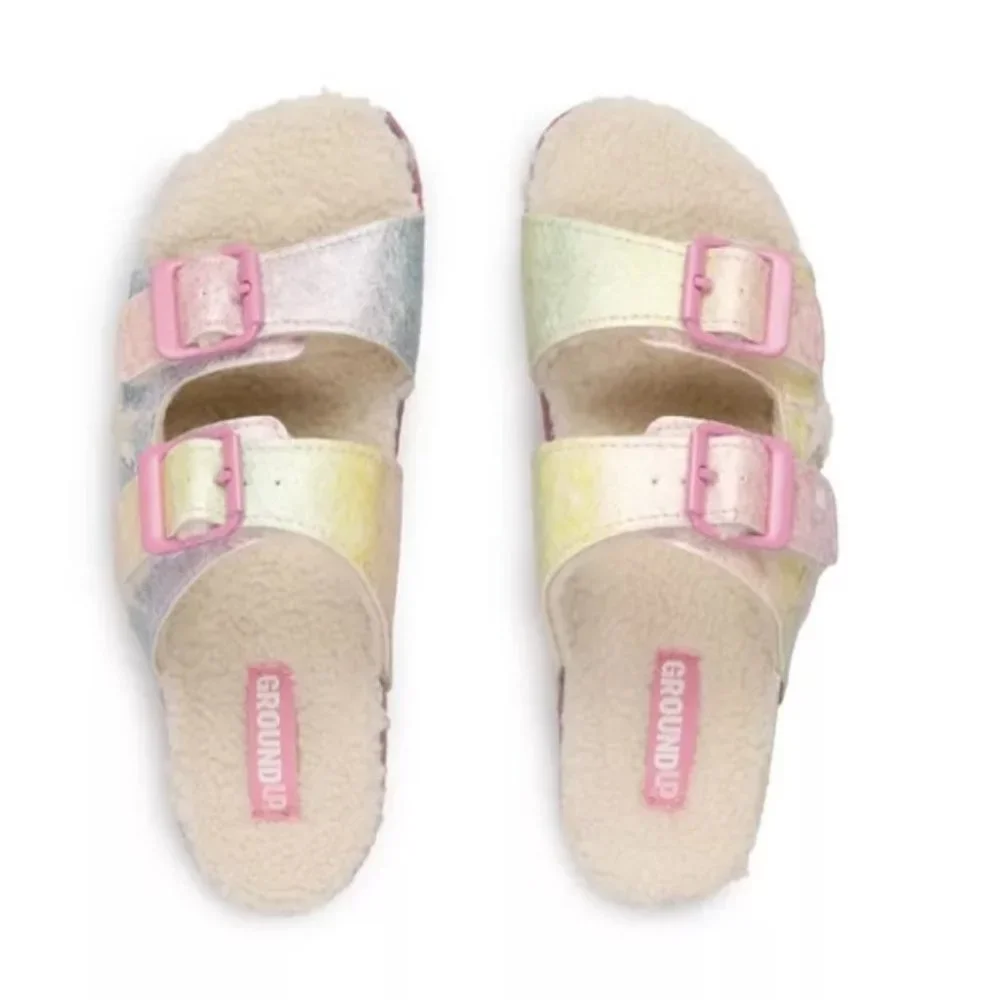NWT Ground Up Sherpa Slipper Sandals Girls Rainbow Glitter